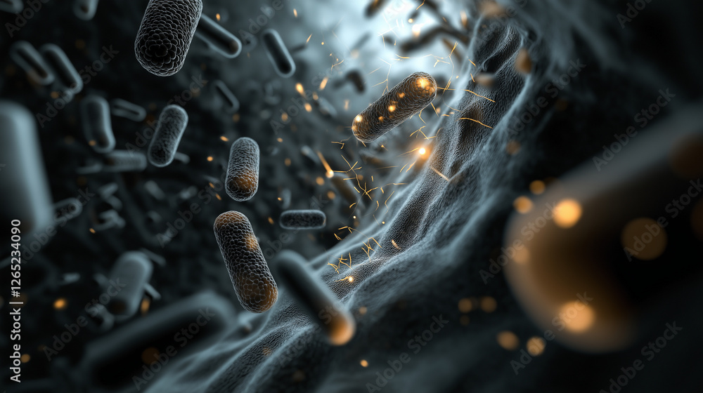Poster a highly detailed electron microscope-style visualization of gut bacteria, emphasizing their unique 