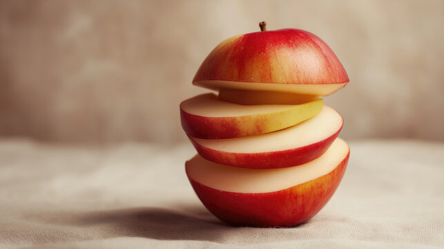 Fresh apple precision-cut spiral, 2mm uniform slices with natural curves, studio-lit organic geometry in gravity-defying stack on gradient beige background, culinary art with crisp edges