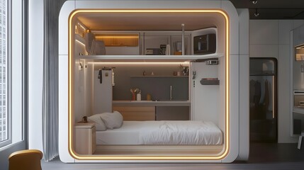 Modern compact living space showcasing a multifunctional bedroom and kitchen area with sleek design