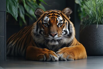 Majestic tiger rests paws floor, serene gaze.