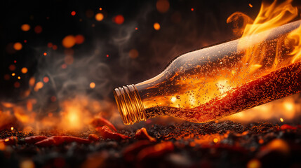 A surreal close-up of a glass bottle formed from seamlessly fused chili peppers, glowing with heat, as fiery embers and dramatic smoke swirl around it.