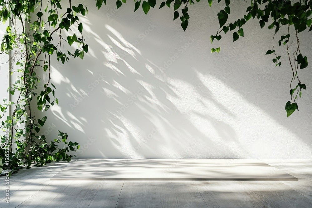 Poster a wooden table setting with an empty area and shadows of ficus leaves