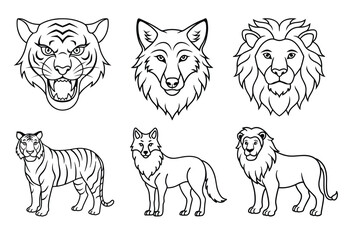 animals head and body line art, lion, tiger, wolf.