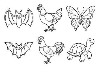 line art animals on white background, six type animals.