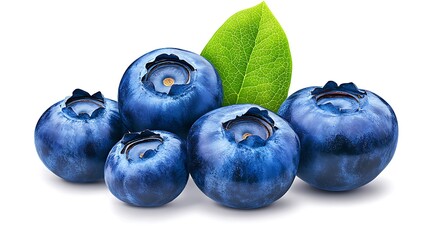 Obraz premium Juicy Blueberries with Fresh Green Leaf: Close-Up Studio Shot AI Generated
