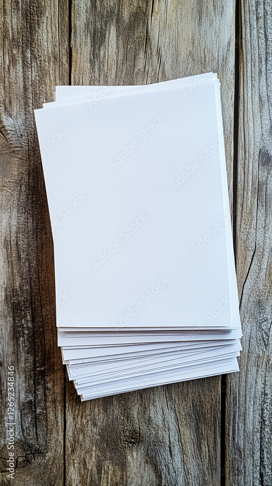 Poster A stack of white paper sheets on a rustic wooden table, symbolizing creativity, organization, or the beginning of a new project. The focus is on simplicity and blank space for potential ideas.