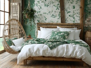 Rustic bedroom with hanging chair and floral bedding