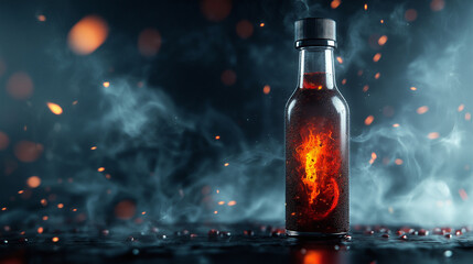 A dark, moody visual of a chili sauce bottle made of fused chili peppers, softly glowing with an inner fire, surrounded by drifting smoke and ember sparks.