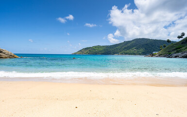 Empty tropical beach and seascape, Beautiful sandy beach and sea in sunny day,Blue sky in good weather day, Beach sea space area nature background