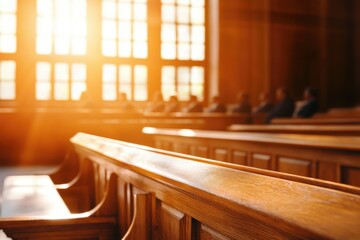 Fototapeta premium Witness testifies in bright courtroom as jury watches intently during legal proceedings