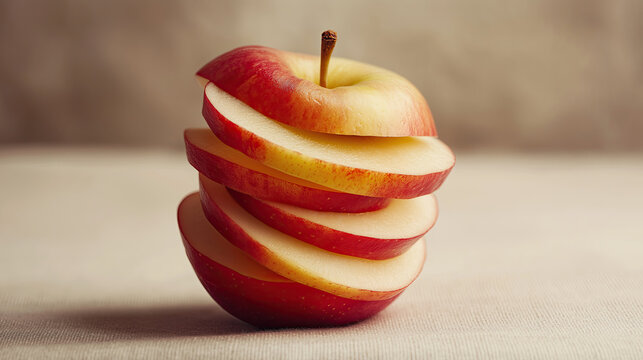 Fresh apple precision-cut spiral, 2mm uniform slices with natural curves, studio-lit organic geometry in gravity-defying stack on gradient beige background, culinary art with crisp edges