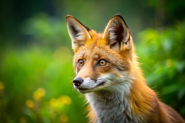Fototapeta premium Vibrant Red Fox Portrait: Lush Green Background, Copy Space Left