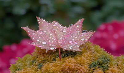 Dew-covered maple leaf on moss, autumn garden backdrop