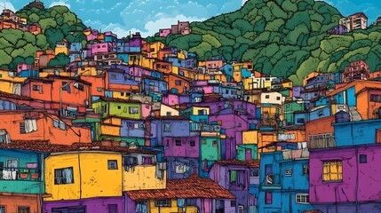 Obraz premium Vibrant hillside community with colorful homes nestled among lush greenery under a bright sky