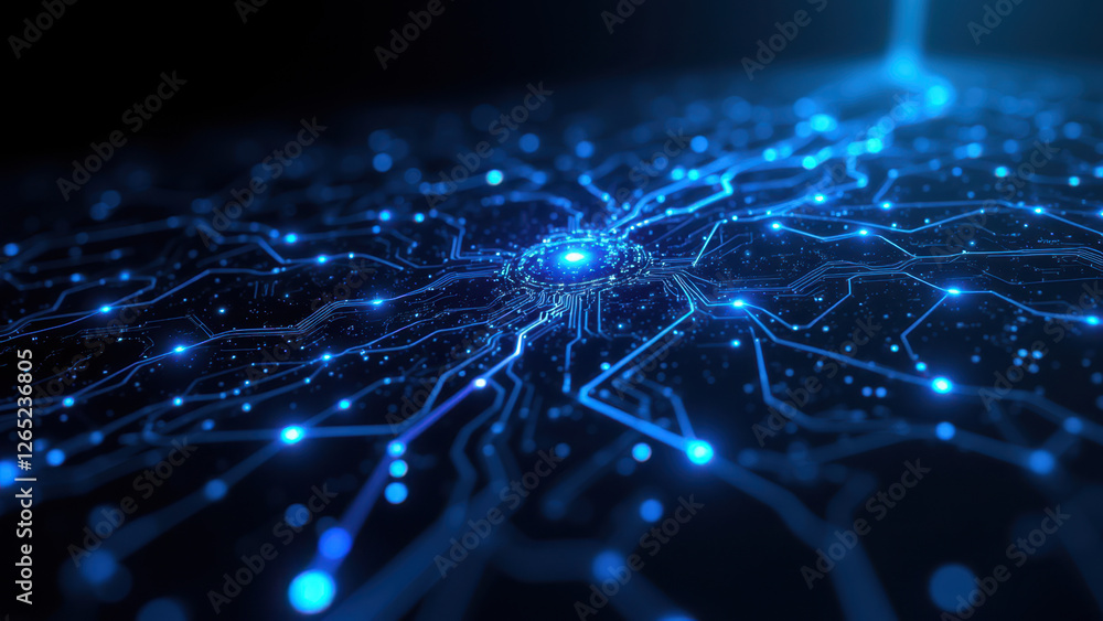 Poster a stylized digital rendering of a cloud network with vibrant blue lights against a dark background, 