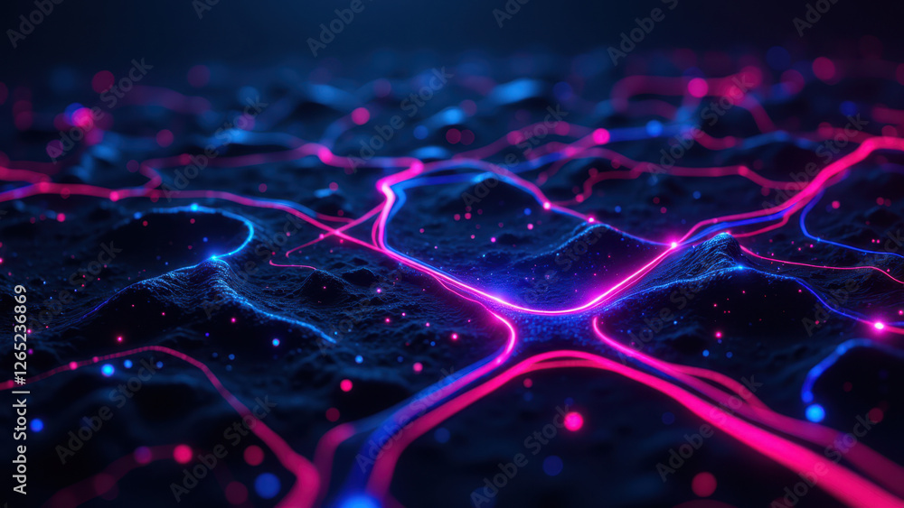 Poster dynamic network infrastructure with blue and pink neon lines and dots on a dark background, symboliz