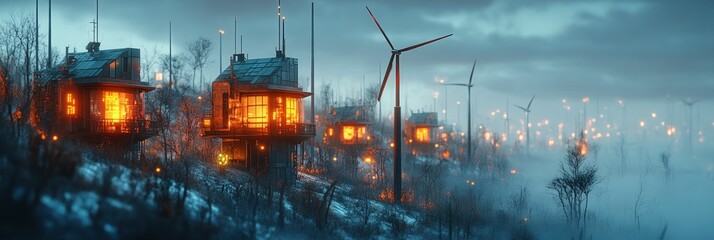 Futuristic homes glow warmly amidst a misty, wind turbine landscape.