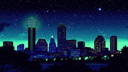 Obraz premium Pixelated Dallas Skyline at Night with Stars and Glowing Structures