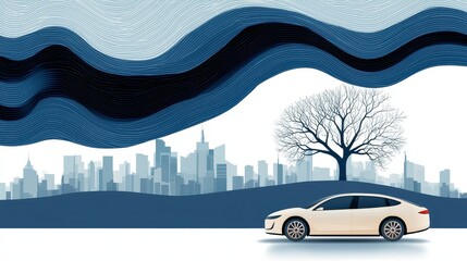 Beige Sedan Driving Past Solitary Tree Against City Skyline Under