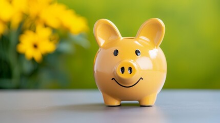Smiling Yellow Piggy Bank on Gray Surface with Blurred Yellow Flowers
