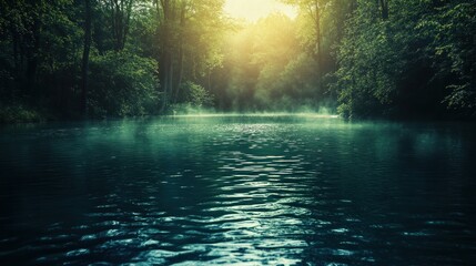 Obraz premium Sunlit Forest River, Calm Water, Misty Morning, Tranquil Scenery
