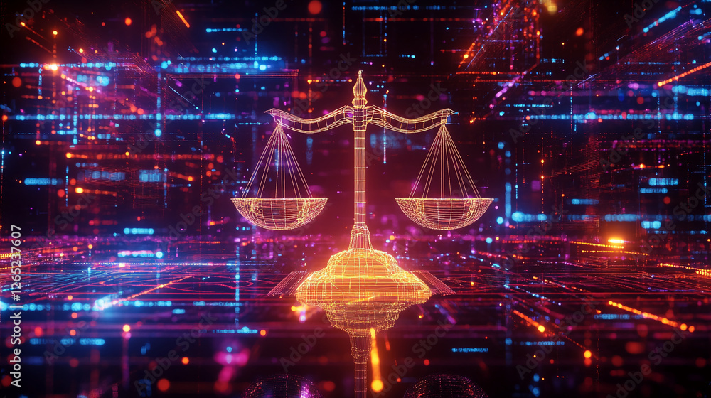 Poster a digital 3d representation of a glowing balance scale, surrounded by vibrant neon lights and abstra