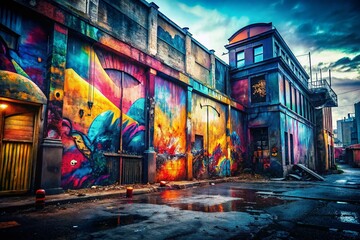 Fototapeta premium Vibrant Street Art Murals Transform Urban Decay: Captivating Spray Paint Art on City Walls