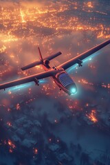 Obraz premium Solar drone flies over a foggy, snow-covered city at night.