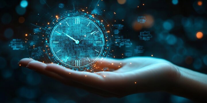 Clock on hand time data digital clock management planning business and time concept, Generative AI