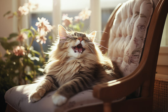 Fluffy brown tabby cat yawning, lying in a soft chair in the rays of sunlight