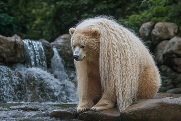 Wild brown bear with extremely long blond hair sitting on a rock near a waterfall in a zoo