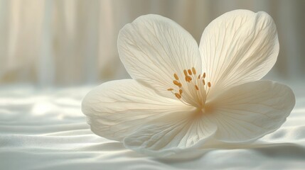 Fototapeta premium Delicate white flower, soft light, elegant fabric.
