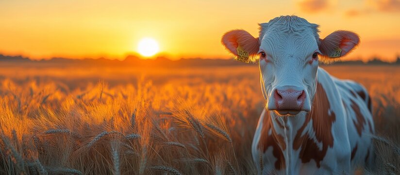 Cow in a wheat field at sunset.