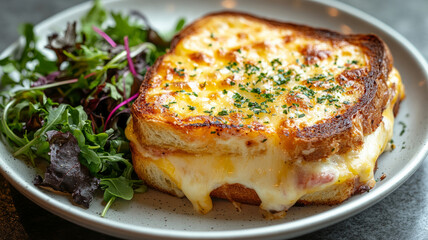 Delicious croque monsieur sandwich with side salad on a plate.