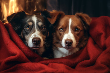 Two dogs are lying on the couch, on a red blanket. Trust, calm, care, friendship, love concept. Happy cozy moments of life.
