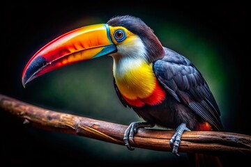 Fototapeta premium Vibrant Toucan Bird on Branch - Long Exposure Black Background Stock Photo