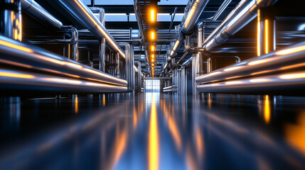 A futuristic, ultra-clean heating plant interior with reflective steel pipes arranged symmetrically, creating a high-tech industrial aesthetic.