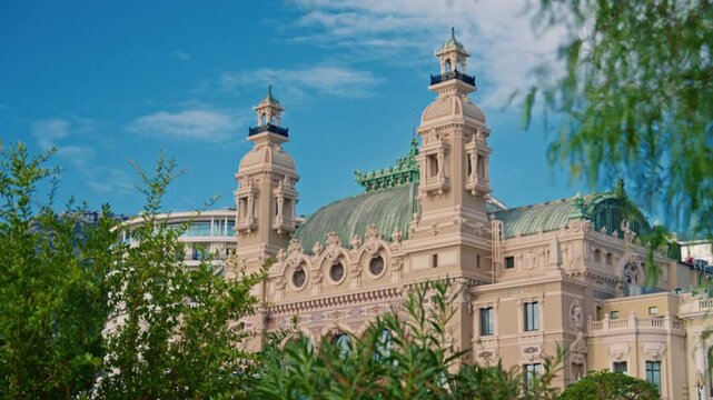 Grand Casino in Monte Carlo timelapse, Monaco. Historical building. Blue cloudy sky at summer day