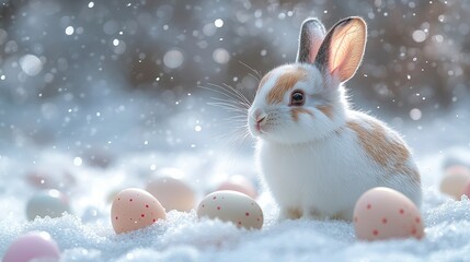 Easter bunny and Easter eggs photo print holiday Easter. Easter card with a hare. Cute rabbit with colored eggs.