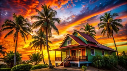 Fototapeta premium Vibrant Tropical House Silhouette at Sunset - Palm Trees Oasis