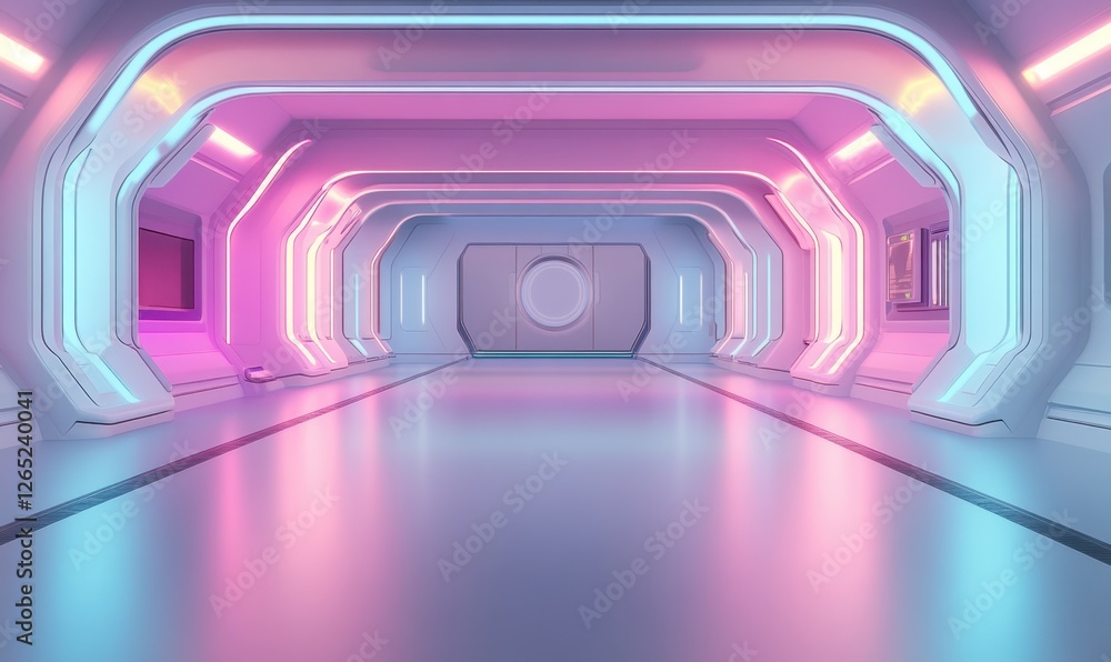 Poster futuristic neon tunnel interior, empty space, 3d rendering, possible use for product display or gami