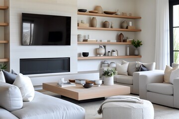A neutral-toned contemporary space with a sand-colored sofa, modern fireplace, and floating wooden shelves. Soft lighting and textured fabrics bring depth to the calming, inviting ambiance.