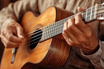 Obraz premium wooden acoustic guitar, a person who is a music teacher or musician. A man is playing the guitar.