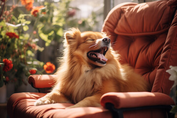 Fluffy ginger dog lying in a soft chair in the rays of sunlight