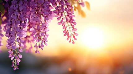 Obraz premium A beautiful display of purple wisteria flowers at sunset, showcasing vibrant colors and nature's elegance.