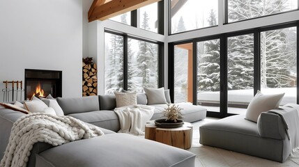Fototapeta premium A cozy cabin-style space with a soft gray wool sofa, roaring fireplace, and chunky knit blankets. Rustic beams and snowy forest views complete the winter retreat.