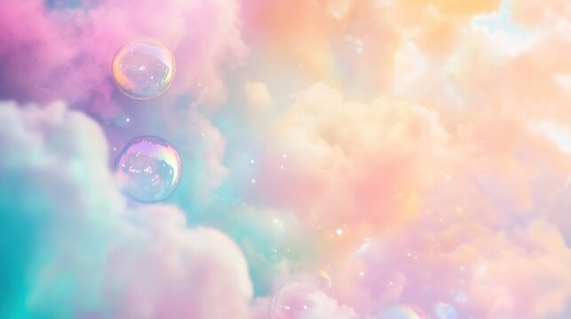 Pastel rainbow clouds with floating bubbles.  - Powered by Adobe