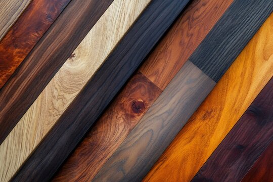 Various rich toned hardwood and laminate flooring samples arranged diagonally, showcasing a range of textures and wood grains