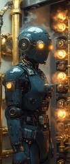 Fototapeta premium Steampunk robot stands near glowing pipes