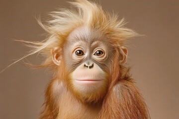 Fototapeta premium Portrait featuring a baby orangutan with striking blond hair, set against a rich brown backdrop, capturing the essence of wildlife beauty